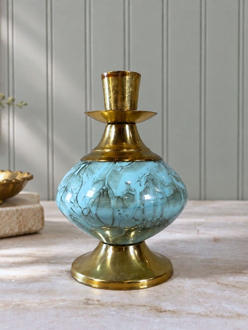 Vintage Mid Century Marbled Teal Delftware Brass Candlestick Holder